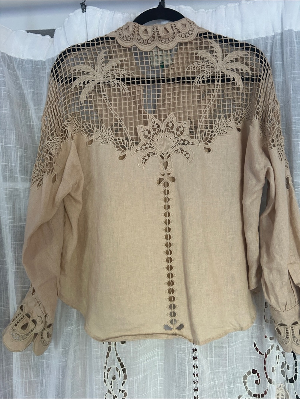 FARM Rio Palms Richelieu linen Cutwork Button-Front shirt in sand. - Picture 6 of 8